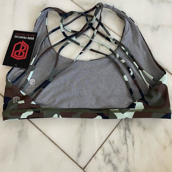 NWT Born Primitive blue green brown camo strappy sports bra gym workout active - Picture 3 of 4